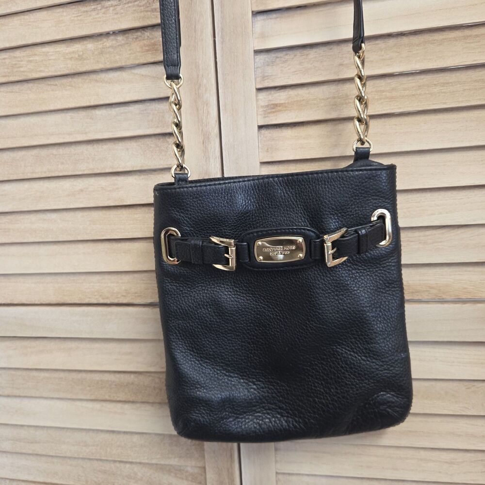 Michael Kors Hamilton Small Pebbled Leather Crossbody Bag Black Gold Chain Strap
